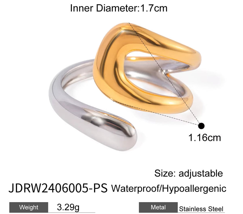 Uworld Stainless Steel Geometric Hollow Layered Wide Ring Metal Texture Waterproof Daily Simple Stylish Golden Jewelry for Women