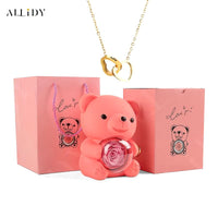 Allidy - Real Eternal Red Rose Teddy Bear Custom Name Necklace Jewelry Set Gift Box Christmas Valentine'S Birthday Wedding Gift