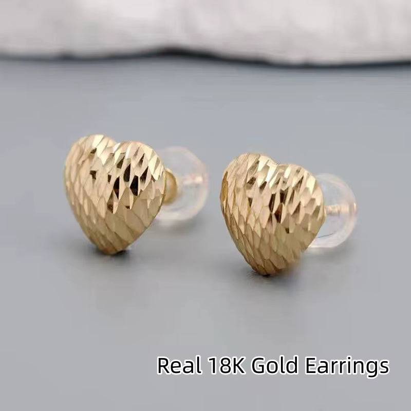 Real 18K Gold Heart Shaped Earrings Pure AU750 Irregular Earrings Simple Fashion Fine Jewelry Gift for Women