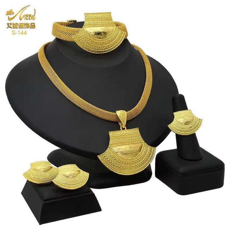 Dubai 24K Gold Color Jewelry Set for Women African Nigerian Necklace Set Earrings and Bracelets Bridal Indian Fashion