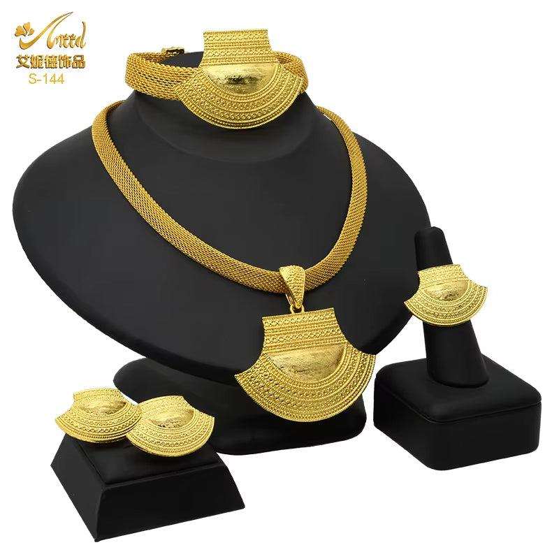 Dubai 24K Gold Color Jewelry Set for Women African Nigerian Necklace Set Earrings and Bracelets Bridal Indian Fashion