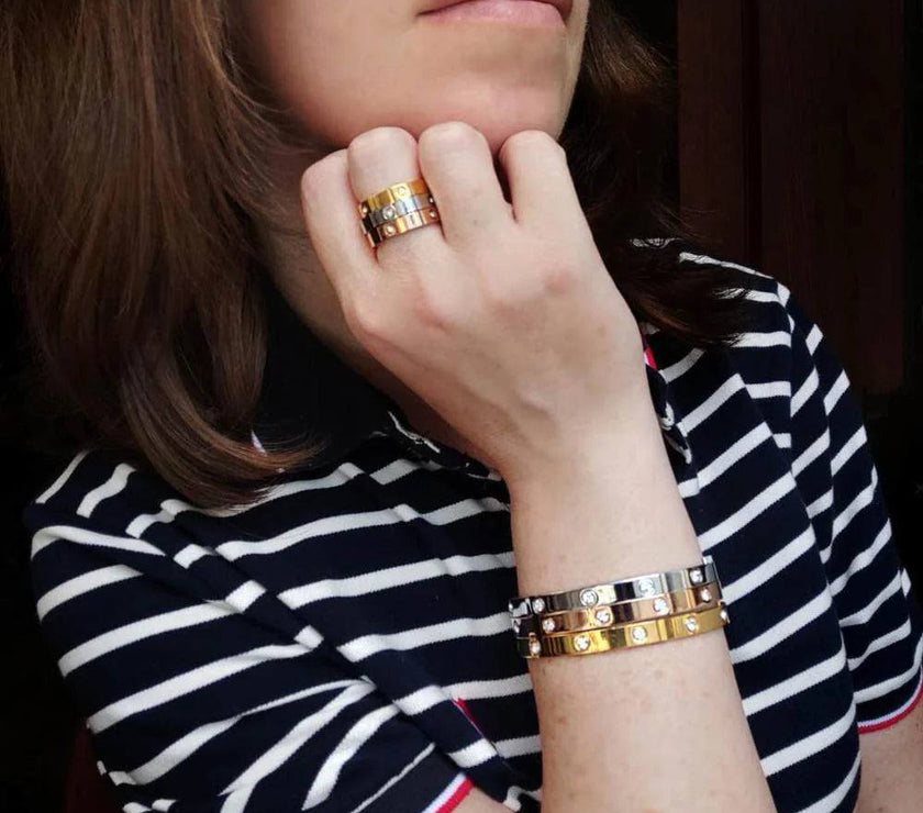 Style Luxury Bijoux Pulseira Feminina Bangle Ring Set Stainless Steel Jewelry Fit Lover Female Crystal Bracelets Rings Fashion Women