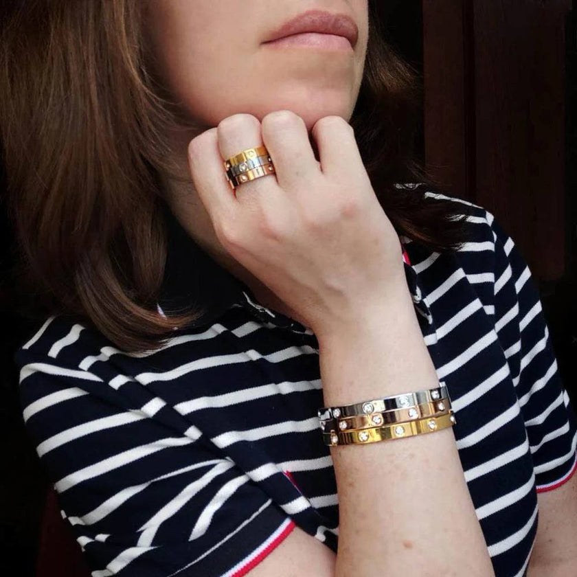 Style Luxury Bijoux Pulseira Feminina Bangle Ring Set Stainless Steel Jewelry Fit Lover Female Crystal Bracelets Rings Fashion Women