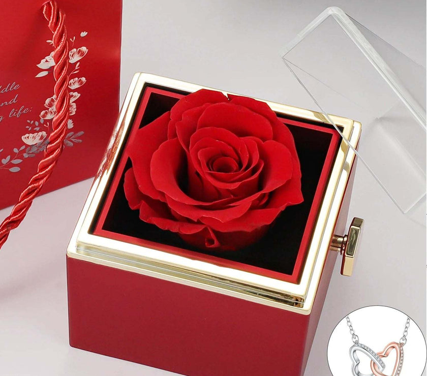 Eternal Rose Box with Heart Necklace for Mom Rotating Rose Flower Rose Creative Rotating Rose Jewelry Packaging Box Mother'S Day
