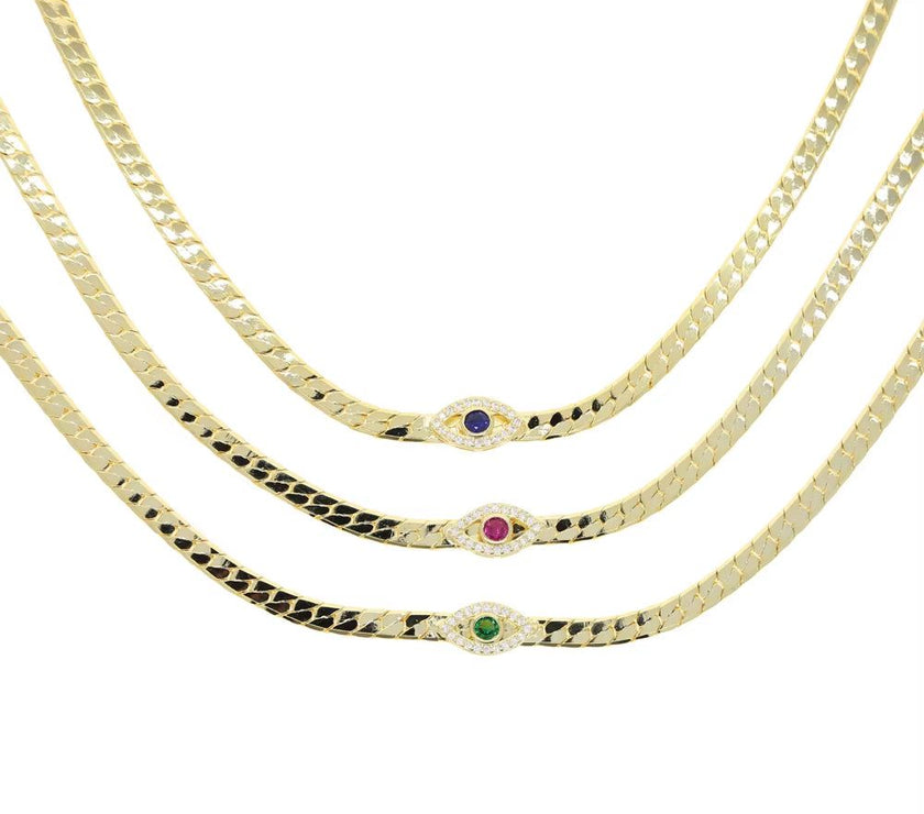 4MM Width Herringbone Chain CZ Evil Eye Charm Choker Necklace Gold Color 2023 New Design Fashion Women Jewelry