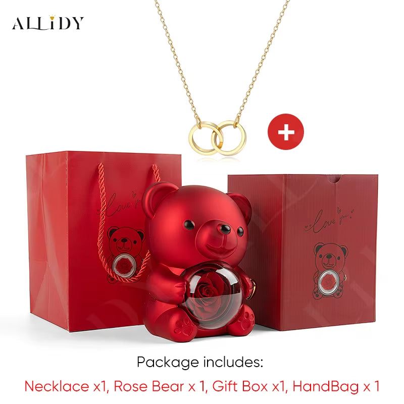 Women's Red Eternal Rose Teddy Bear with Stainless Steel Custom Names Necklace Jewelry Gifts Set for Woman Valentine'S Gift