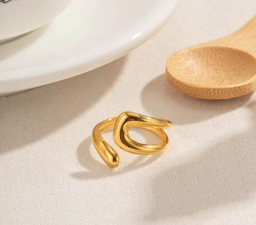 Uworld Stainless Steel Geometric Hollow Layered Wide Ring Metal Texture Waterproof Daily Simple Stylish Golden Jewelry for Women