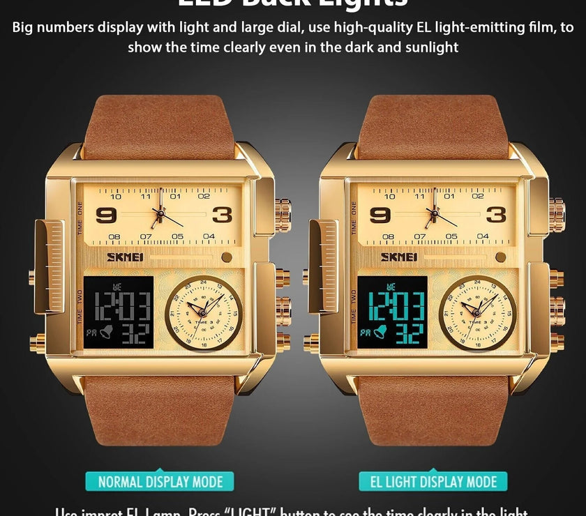 Mens SKMEI Men Watch Large Dial Digital Quartz Sport Stopwatch Leather Wristwatch New