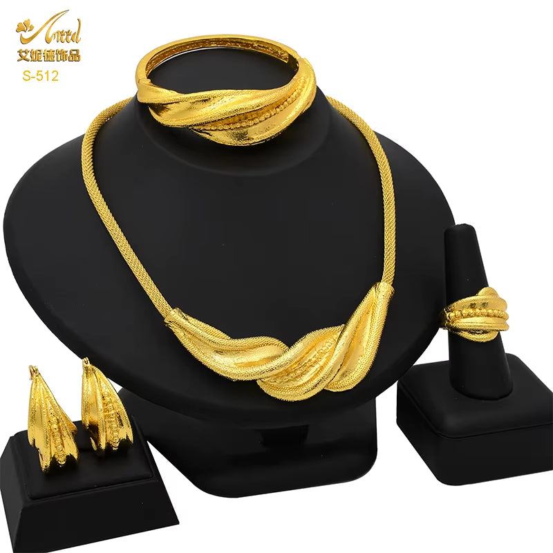 Dubai 24K Gold Color Jewelry Set for Women African Nigerian Necklace Set Earrings and Bracelets Bridal Indian Fashion