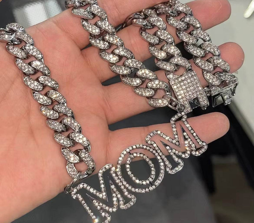 Custom Bling Name Necklace Zircon Name Necklace 12Mm Miami Cuban Link Choker 3D Hollow Name Pendant Men Necklace Father Day Gift