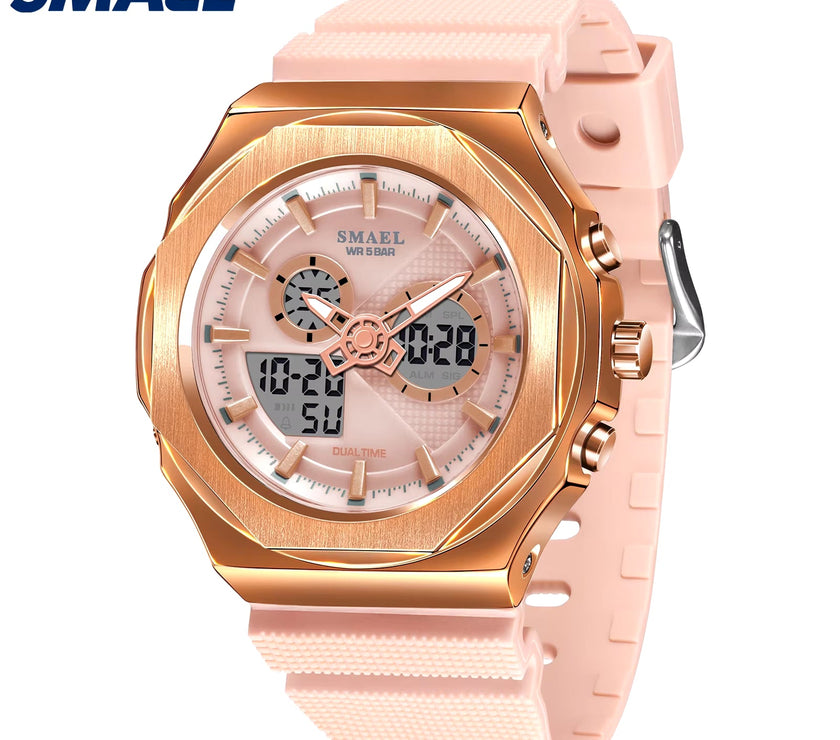 SMAEL Sport Watches Women 50M Waterproof Lady Watches Pink Lover Gifts 8102 Dual Time Diaplay Watches Digital LED Back Light