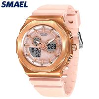 SMAEL Sport Watches Women 50M Waterproof Lady Watches Pink Lover Gifts 8102 Dual Time Diaplay Watches Digital LED Back Light