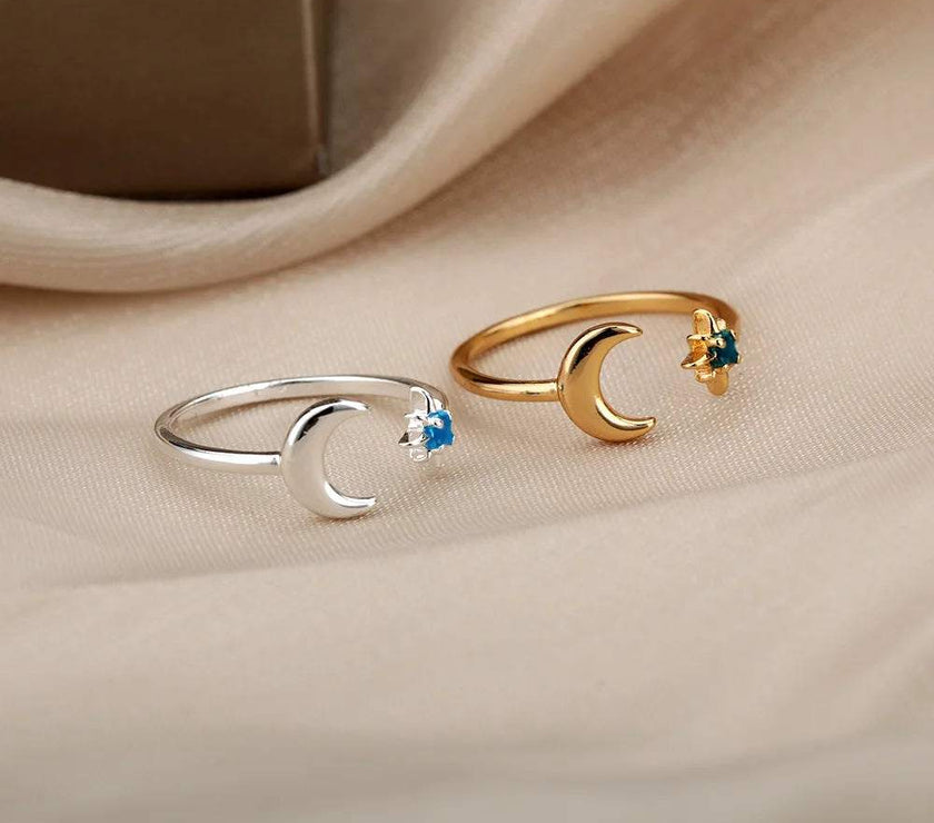 Christmas Zircon Moon Rings for Women Stainless Steel Glowing Moon Star Adjustable Finger Ring Aesthetic Wedding Jewelery Gift Bague Femme