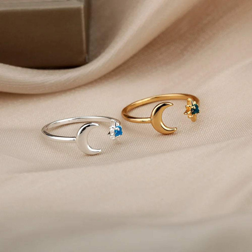 Christmas Zircon Moon Rings for Women Stainless Steel Glowing Moon Star Adjustable Finger Ring Aesthetic Wedding Jewelery Gift Bague Femme