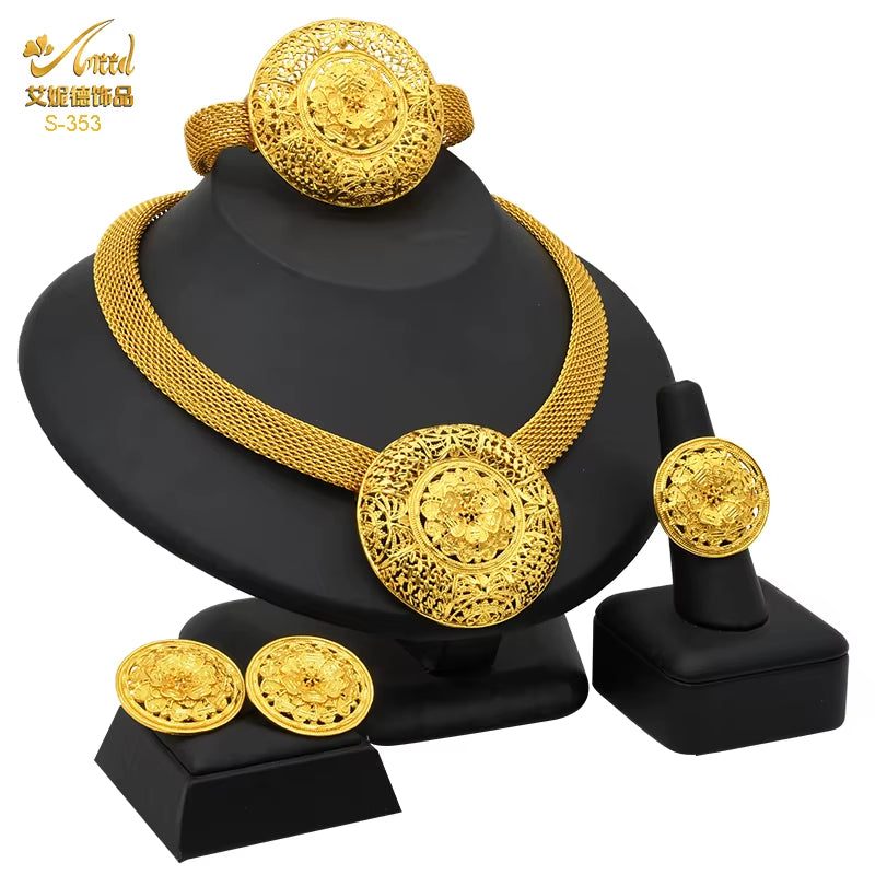 Dubai 24K Gold Color Jewelry Set for Women African Nigerian Necklace Set Earrings and Bracelets Bridal Indian Fashion