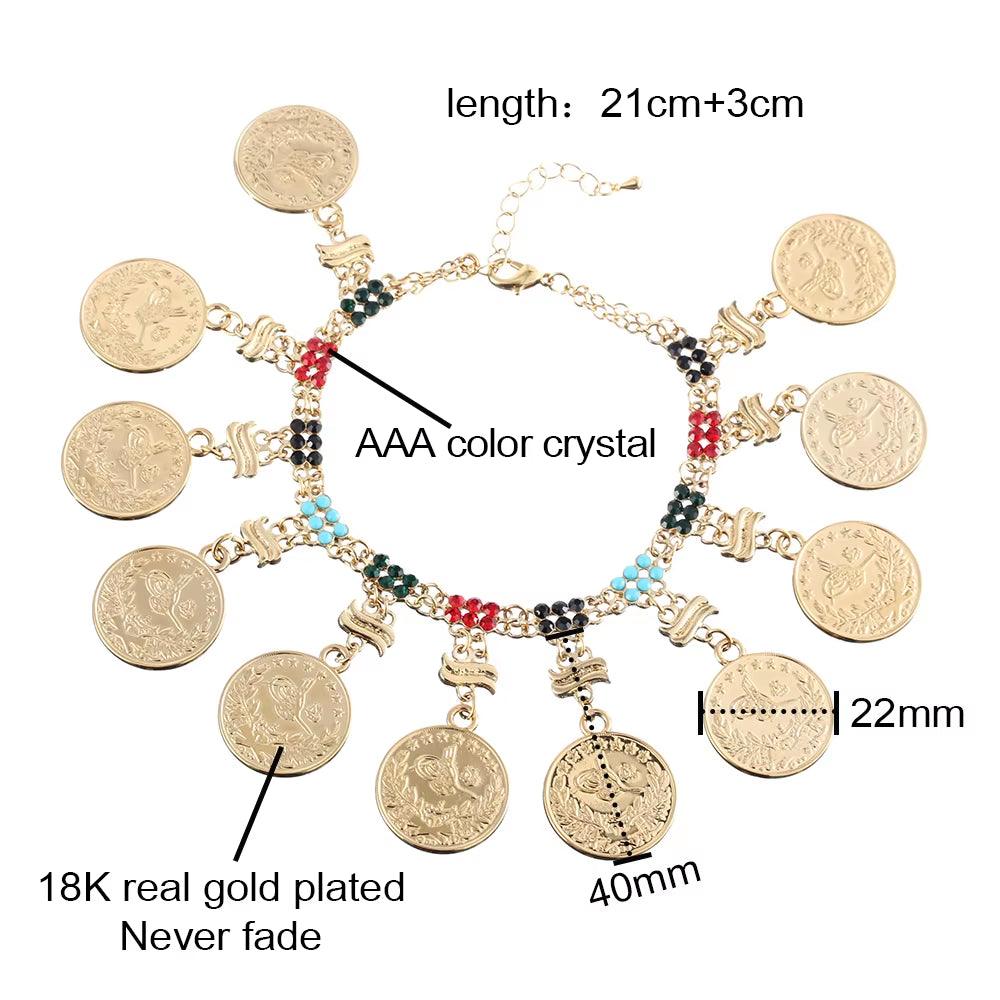 Fashion Color Austrian Crystal Golden Oman Coin Allah Tassel Women Charm Necklaces Muslim Party Wedding Luxury Jewelry Gift