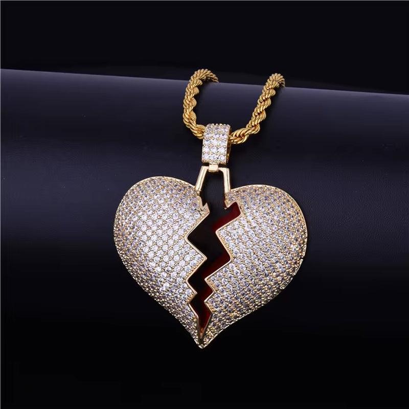 Broken Heart Necklace & Pendant Charms Chain for Men Real Gold Plated Hip Hop Jewelry
