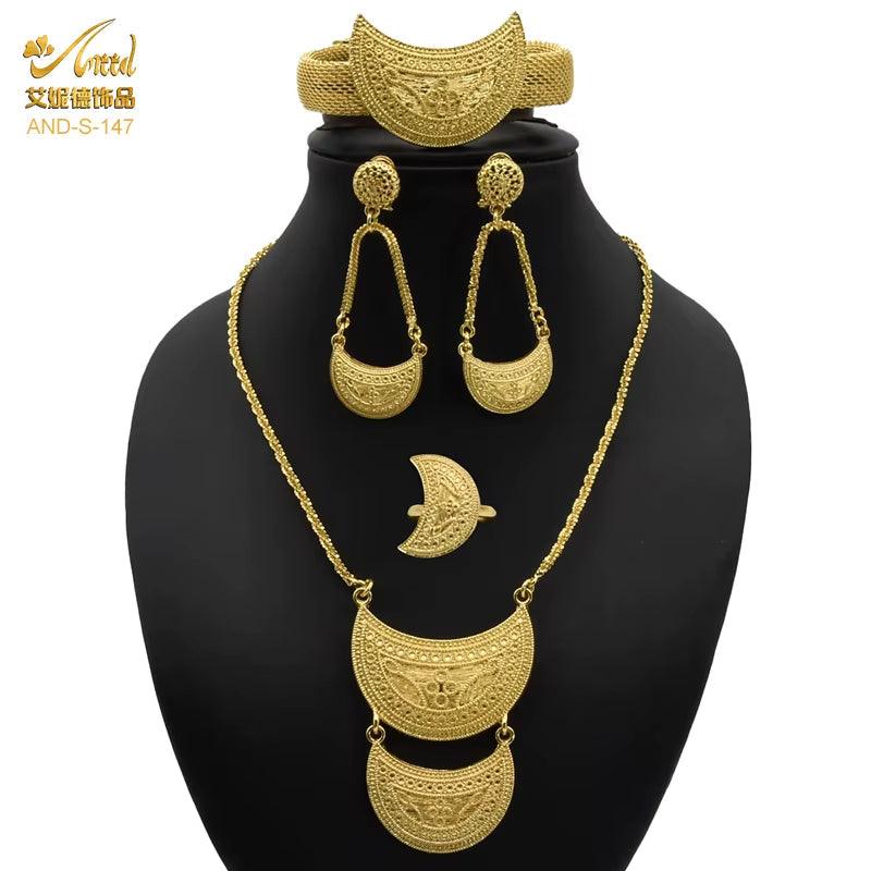 Dubai 24K Gold Color Jewelry Set for Women African Nigerian Necklace Set Earrings and Bracelets Bridal Indian Fashion