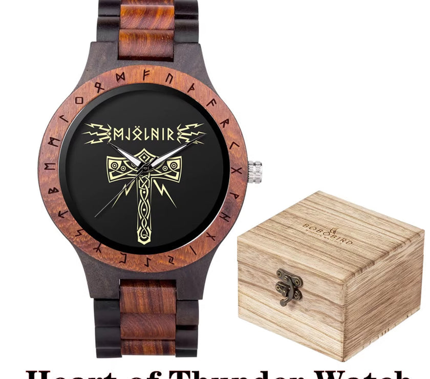 Viking Watches  Wooden Men Watch Top Japanese Quartz Movement Wristwatch with Helm of Awe Runic Circle Fashion Gift Box