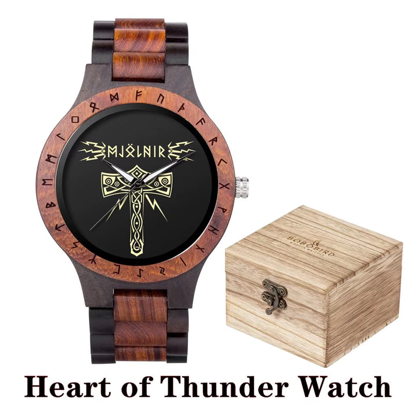 Viking Watches  Wooden Men Watch Top Japanese Quartz Movement Wristwatch with Helm of Awe Runic Circle Fashion Gift Box