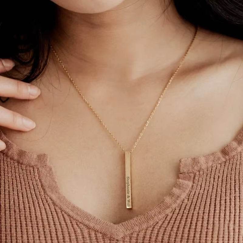 Women's Customized Personality Engrave Coordinates Name Stainless Steel Bar Necklace Pendant Men Women Valentines Day Gift for Lovers