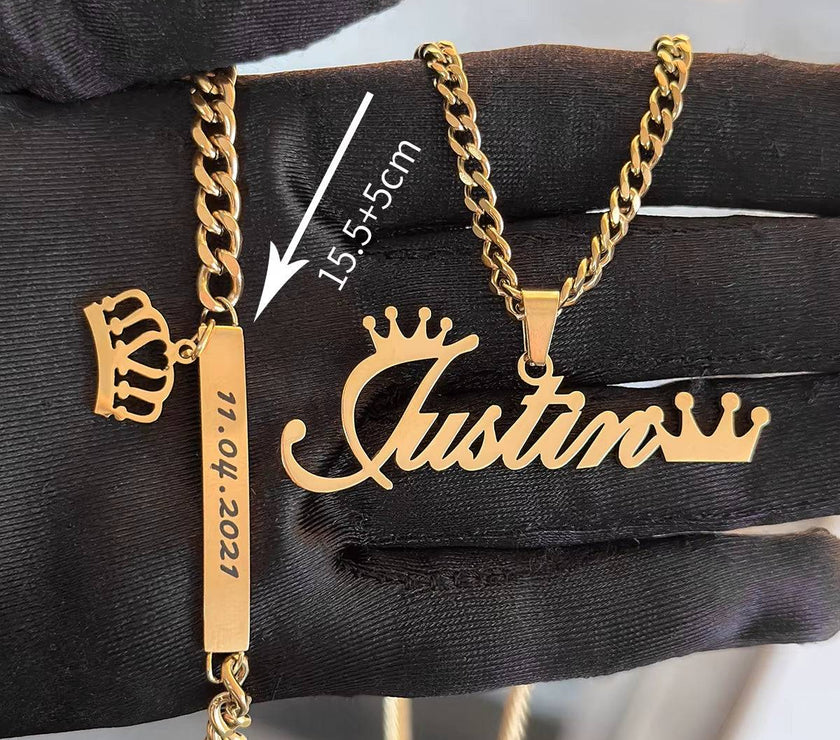 DHQH Original New Custom Name Set Jewelry Stainless Steel Love Crown Name Pendant Engraved Name Children'S Bracelet Necklace Set