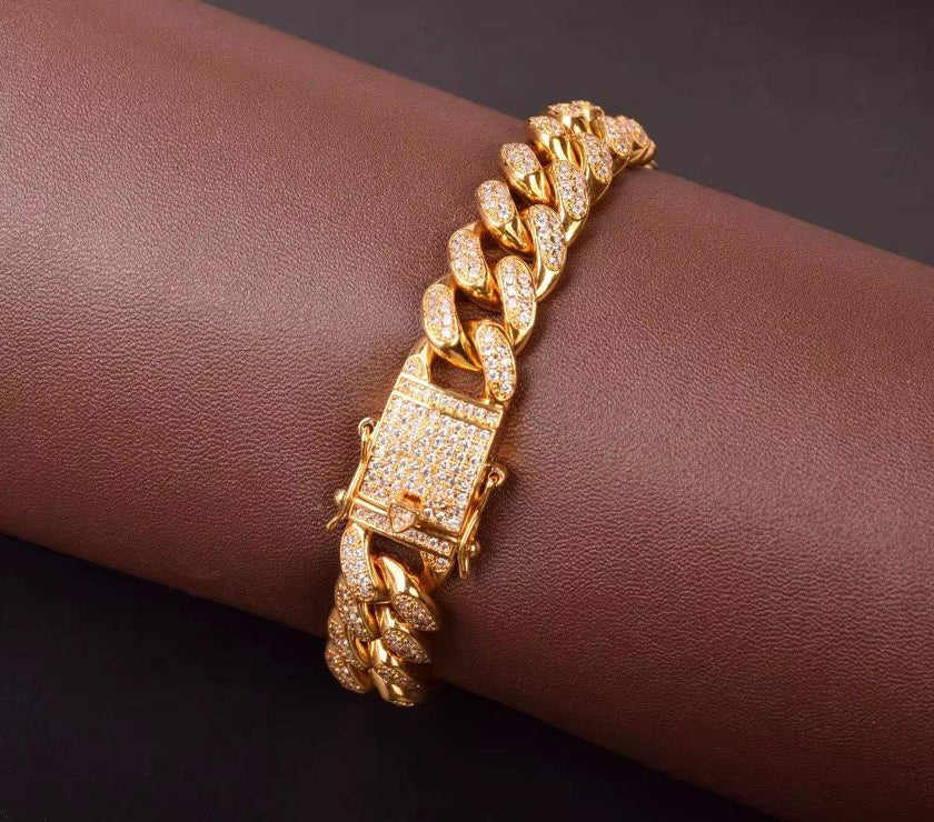 Miami Cuban Link Bracelet for Men Real Gold Plated Hip Hop Jewelry