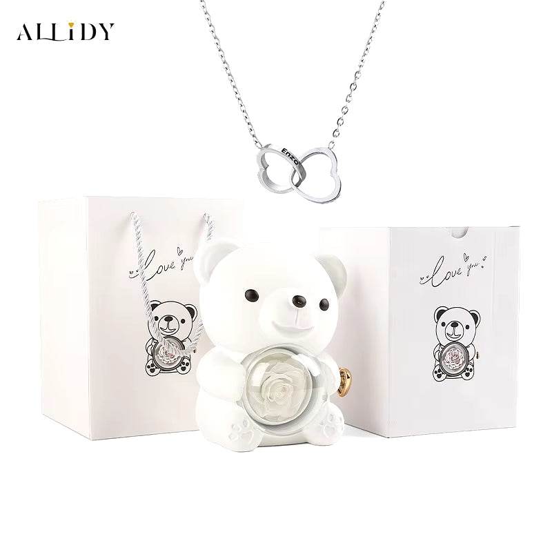 Allidy - Real Eternal Red Rose Teddy Bear Custom Name Necklace Jewelry Set Gift Box Christmas Valentine'S Birthday Wedding Gift
