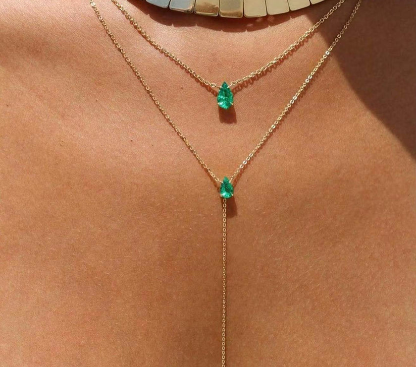 Gold Color Tear Drop Cubic Zirconia Double Layer Choker Lariat Long Women Necklace European Female Fashion Jewelry