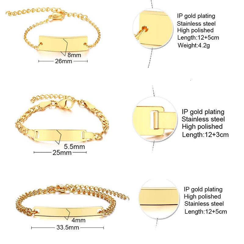 Personalize Name Bracelet for Baby Boy Girl Figaro Chain Smooth Bangle Link Gold Tone No Fade Safty Jewelry 12Cm to 15Cm