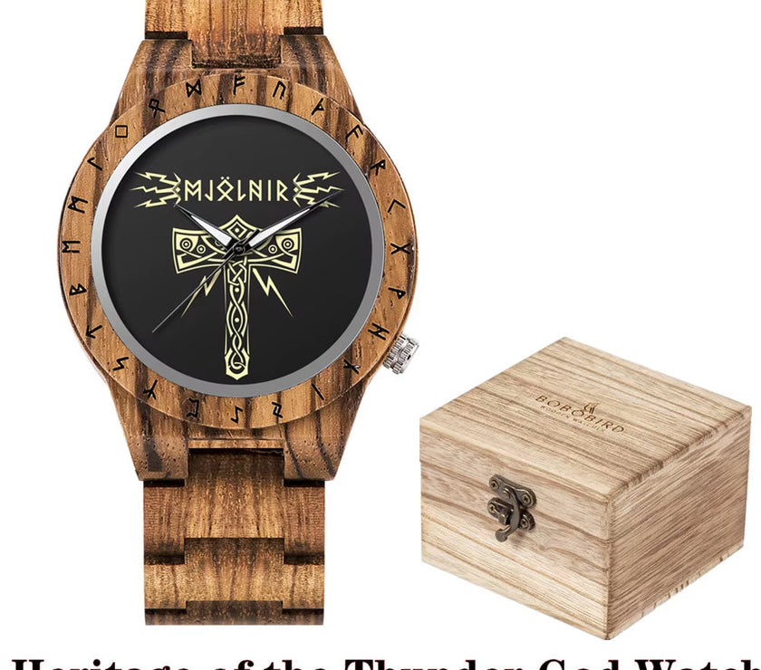 Viking Watches  Wooden Men Watch Top Japanese Quartz Movement Wristwatch with Helm of Awe Runic Circle Fashion Gift Box