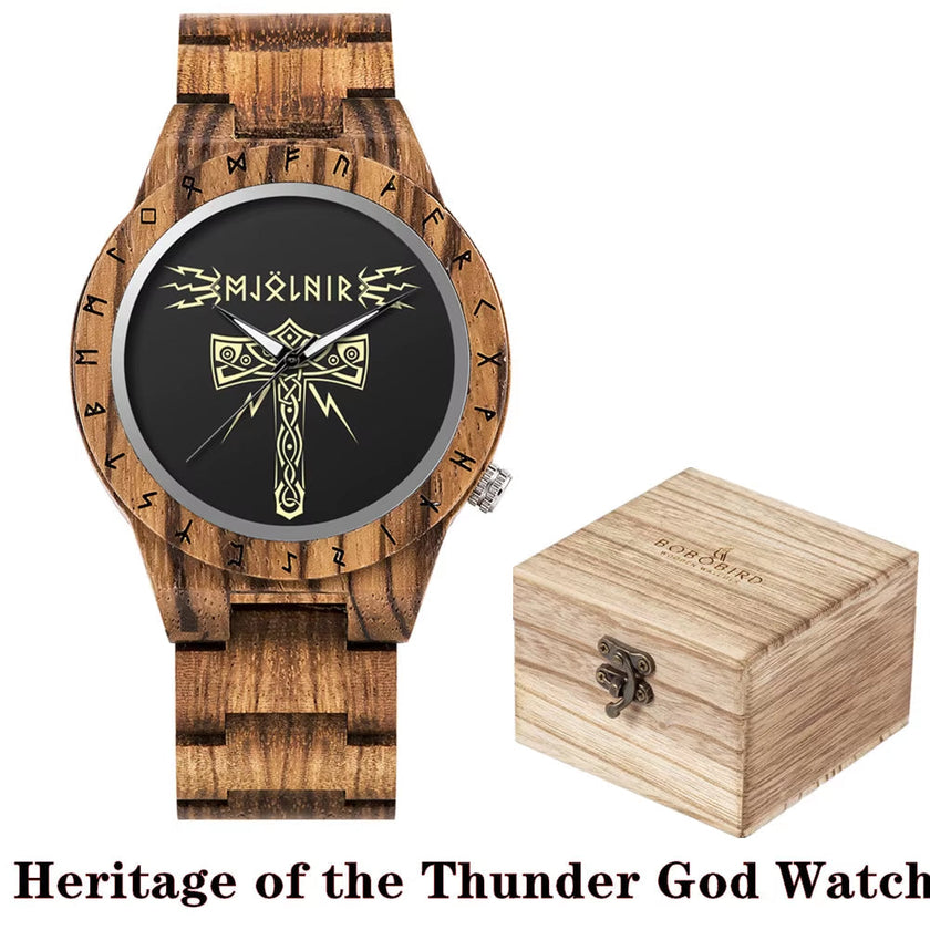 Viking Watches  Wooden Men Watch Top Japanese Quartz Movement Wristwatch with Helm of Awe Runic Circle Fashion Gift Box