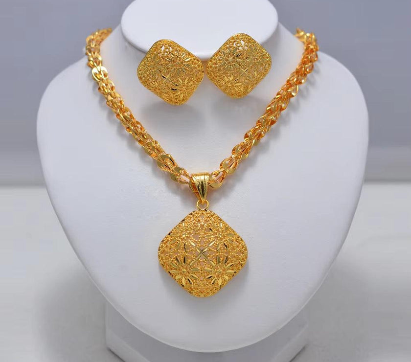 Fashion New Gold Color Wedding Jewelry Set Party Bride Women with Earrings Necklace