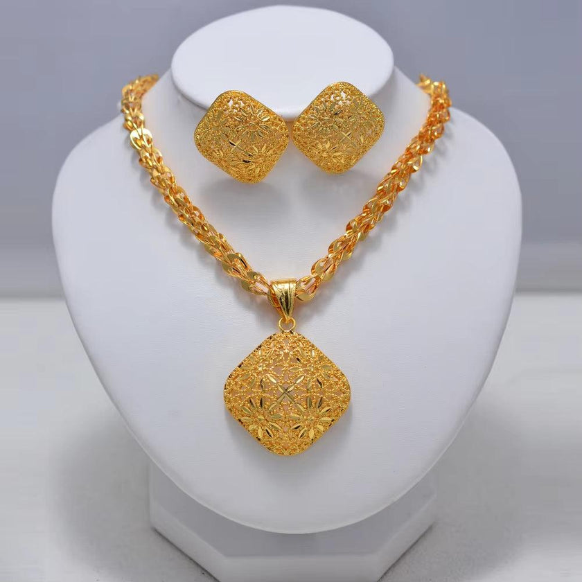 Fashion New Gold Color Wedding Jewelry Set Party Bride Women with Earrings Necklace