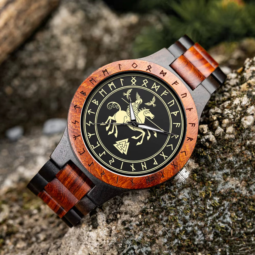 Viking Watches  Wooden Men Watch Top Japanese Quartz Movement Wristwatch with Helm of Awe Runic Circle Fashion Gift Box