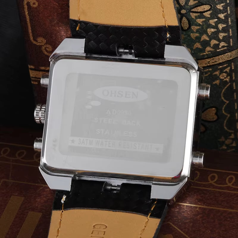 OHSEN Watches Men Sports Watches Men Dual Display Quartz Wristwatches Leather Men'S Watches Relogio Masculino Reloj Hombre