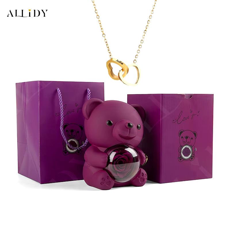 Allidy - Real Eternal Red Rose Teddy Bear Custom Name Necklace Jewelry Set Gift Box Christmas Valentine'S Birthday Wedding Gift
