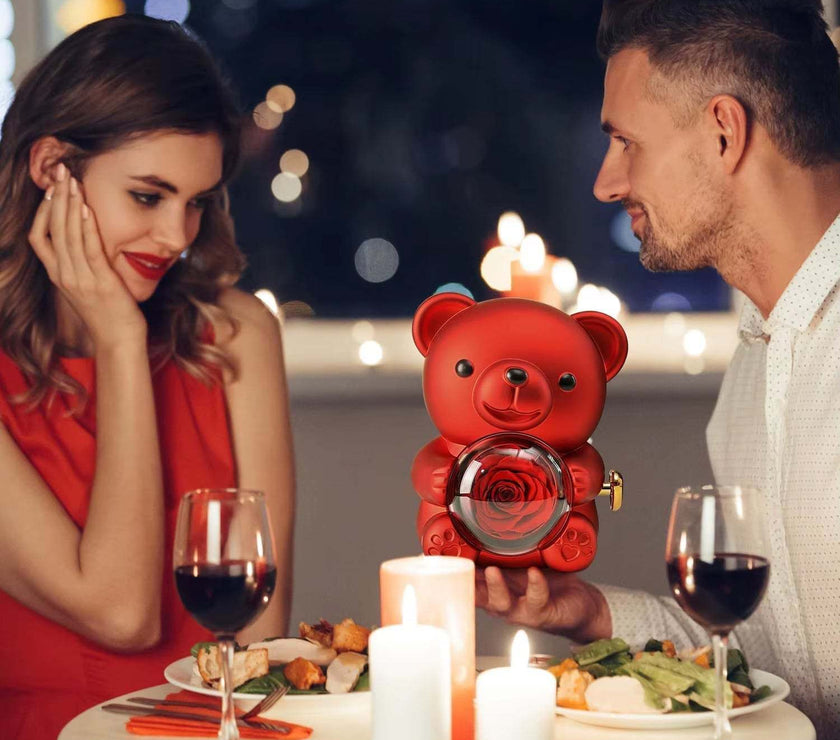 Women's Red Eternal Rose Teddy Bear with Stainless Steel Custom Names Necklace Jewelry Gifts Set for Woman Valentine'S Gift