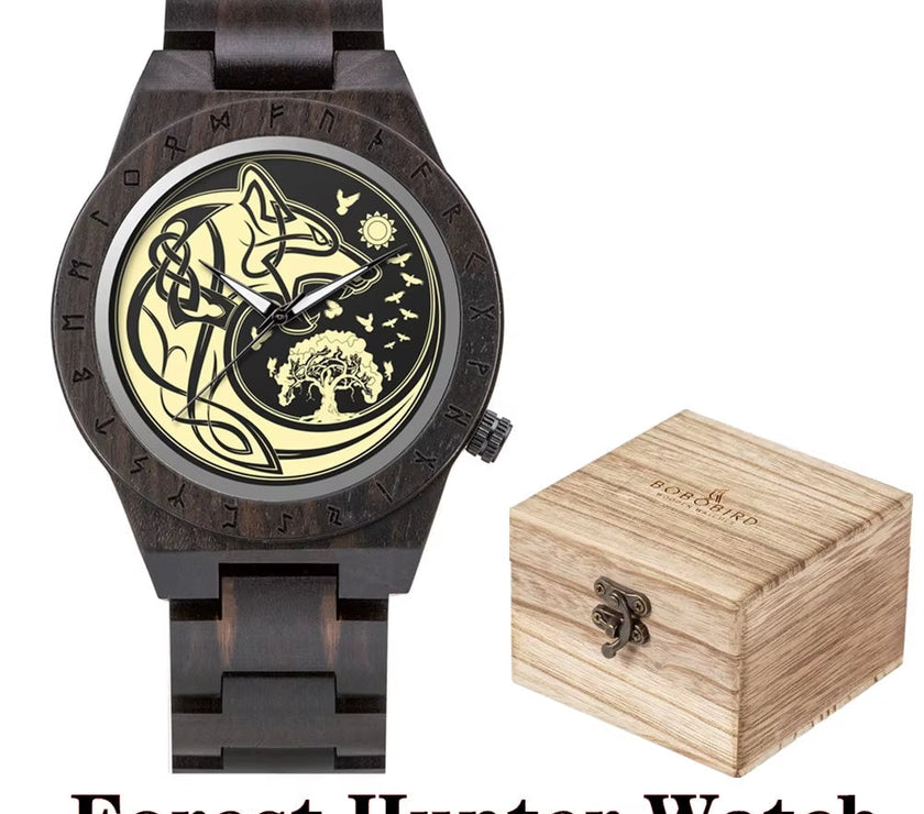 Viking Watches  Wooden Men Watch Top Japanese Quartz Movement Wristwatch with Helm of Awe Runic Circle Fashion Gift Box