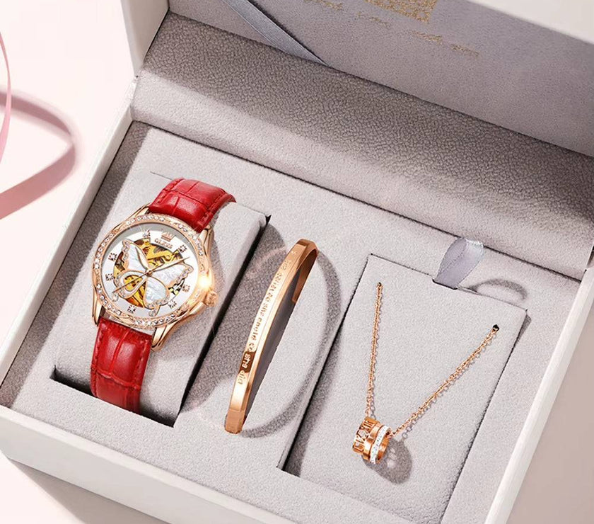 Automatic Watches for Women Luxury Rose Gold Skeleton Mechanical Waterproof Luminous Women Bracelets Watches Elegant Set