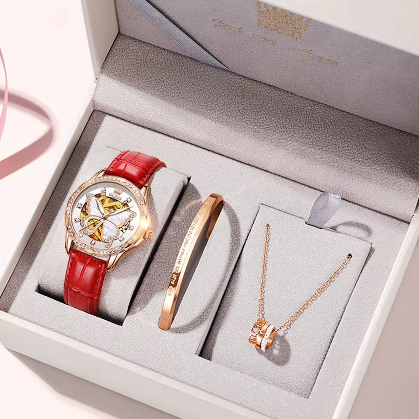 Automatic Watches for Women Luxury Rose Gold Skeleton Mechanical Waterproof Luminous Women Bracelets Watches Elegant Set