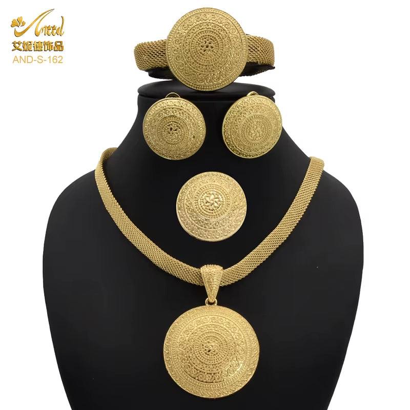 Dubai 24K Gold Color Jewelry Set for Women African Nigerian Necklace Set Earrings and Bracelets Bridal Indian Fashion