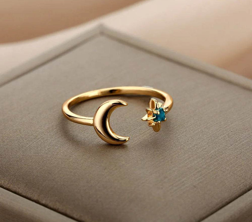 Christmas Zircon Moon Rings for Women Stainless Steel Glowing Moon Star Adjustable Finger Ring Aesthetic Wedding Jewelery Gift Bague Femme