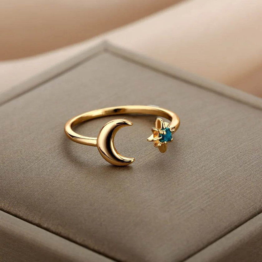 Christmas Zircon Moon Rings for Women Stainless Steel Glowing Moon Star Adjustable Finger Ring Aesthetic Wedding Jewelery Gift Bague Femme
