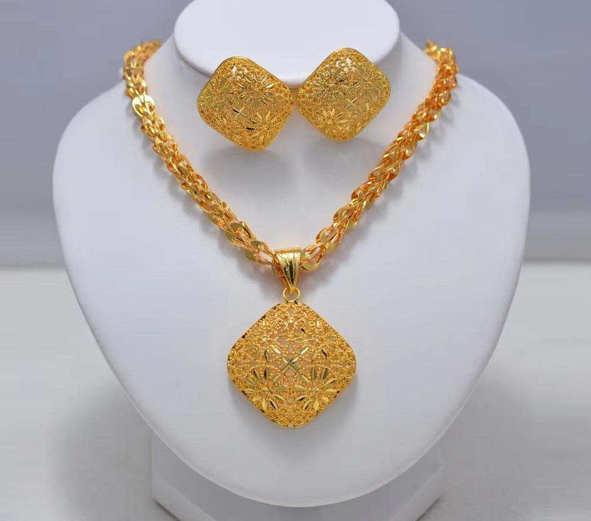 Fashion New Gold Color Wedding Jewelry Set Party Bride Women with Earrings Necklace