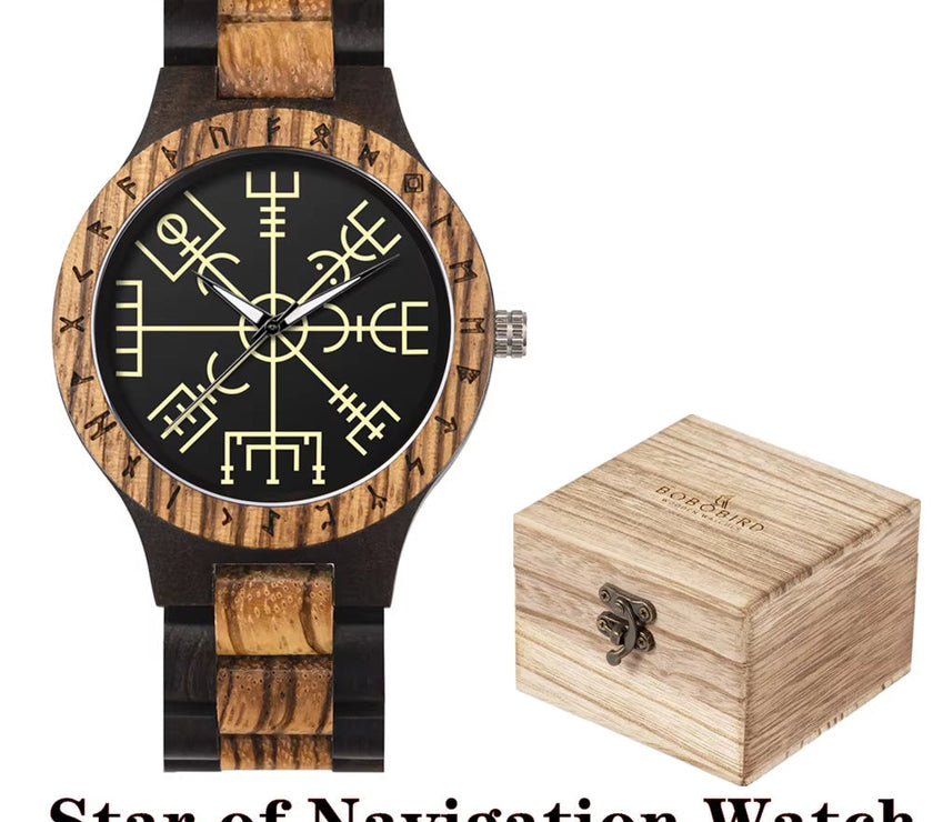 Viking Watches  Wooden Men Watch Top Japanese Quartz Movement Wristwatch with Helm of Awe Runic Circle Fashion Gift Box