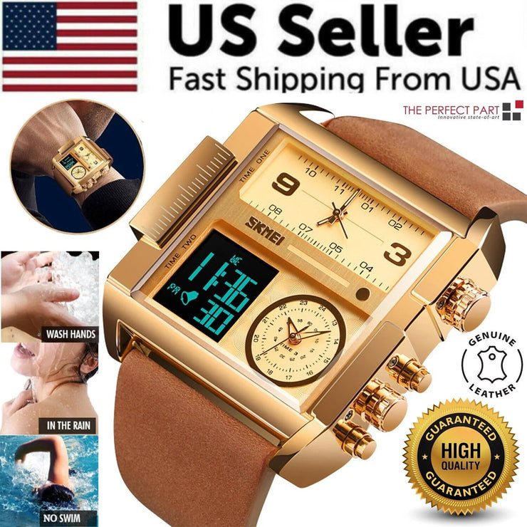 Mens SKMEI Men Watch Large Dial Digital Quartz Sport Stopwatch Leather Wristwatch New