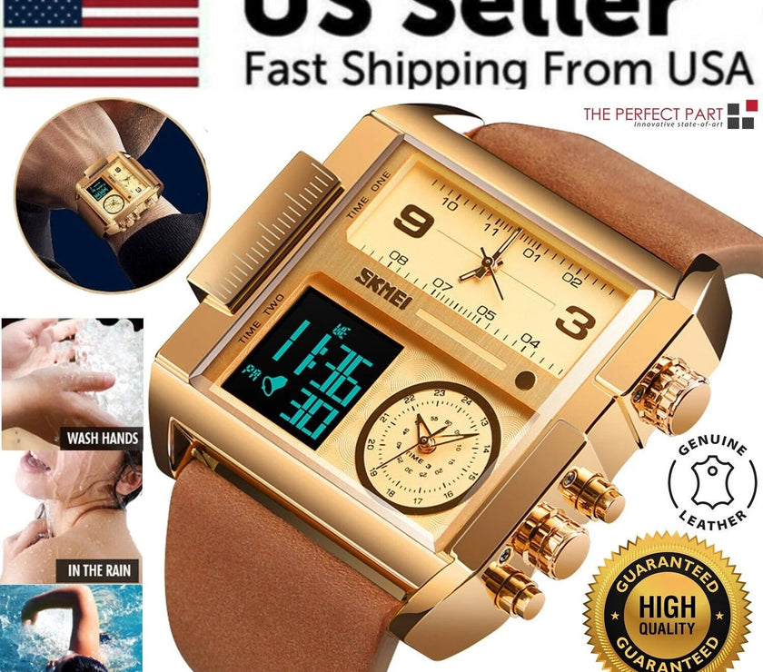 Mens SKMEI Men Watch Large Dial Digital Quartz Sport Stopwatch Leather Wristwatch New