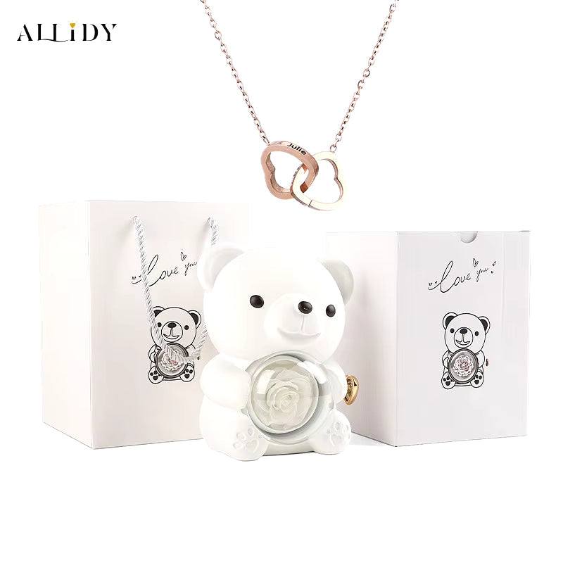 Allidy - Real Eternal Red Rose Teddy Bear Custom Name Necklace Jewelry Set Gift Box Christmas Valentine'S Birthday Wedding Gift