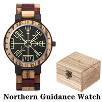 Viking Watches  Wooden Men Watch Top Japanese Quartz Movement Wristwatch with Helm of Awe Runic Circle Fashion Gift Box